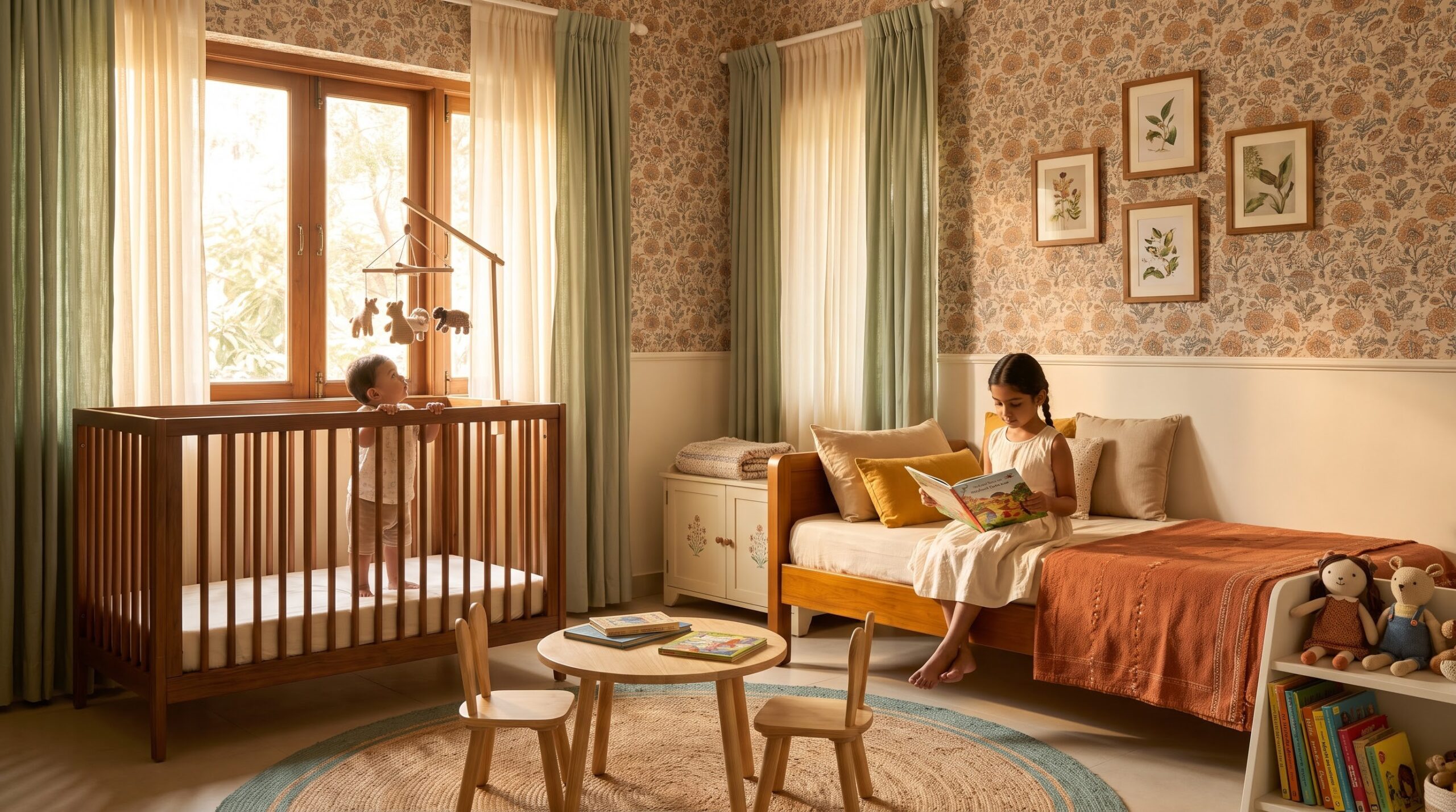 Lilnest website visual showing a nursery cot, a child’s bed and a small wooden table in a furnished room