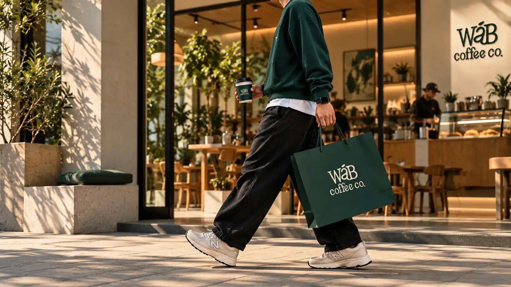 WÁB Coffee Co. branded takeaway bag and cup outside a café